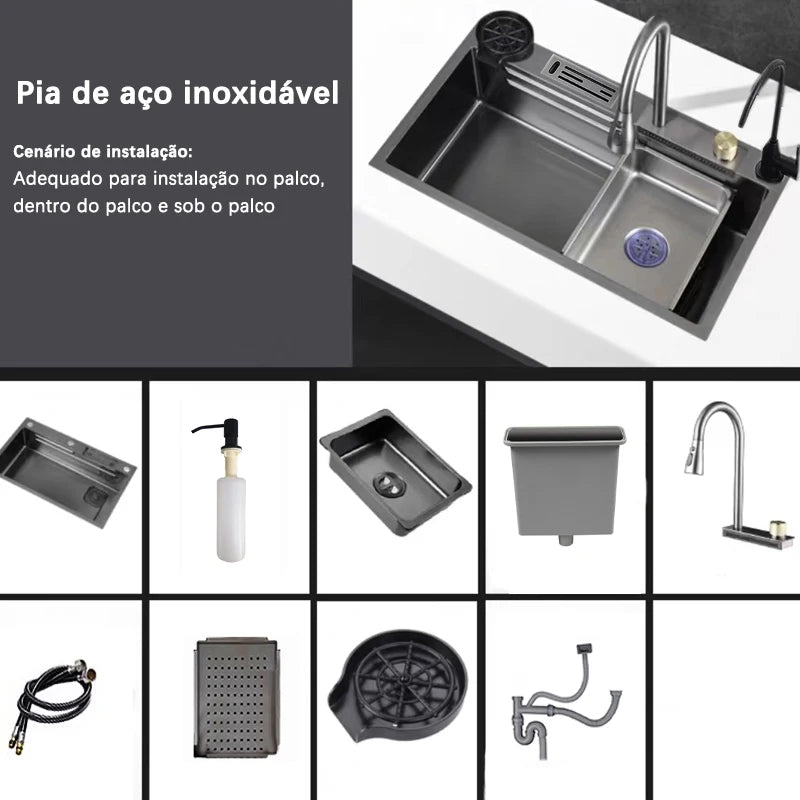 Kit Pia de Cozinha com Sifão, Aço Inoxidável, Torneira Flexível Preta, Lavadora de Copos, Cuba Gourmet, 75X45X20 cm